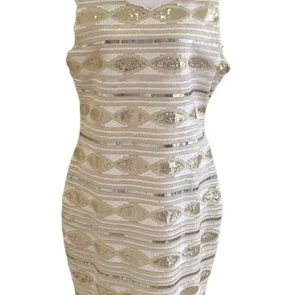 Adore Women's XL Dress Beige Gold White Silver Sequin Sleeveless NWT - Picture 2 of 13